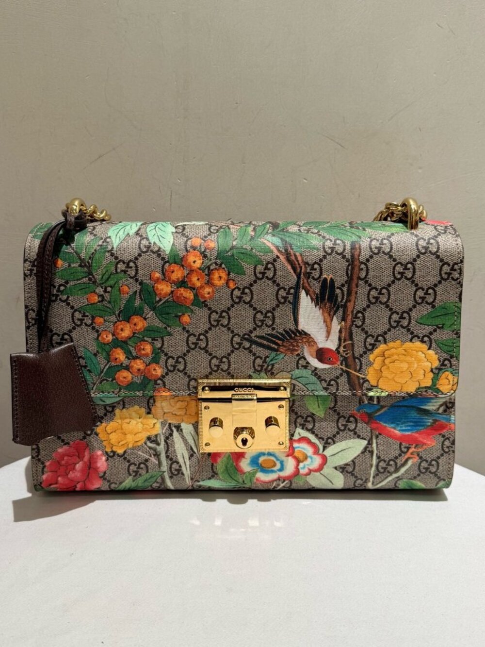 Gucci Padlock Tian Floral Bird Print GG Canvas Large Chain Shoulder Bag